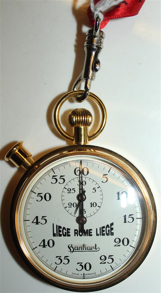 Hanhart Liege-Rome-Liege 2000 gold-plated stopwatch, no. 22, with original ribbon & pouch